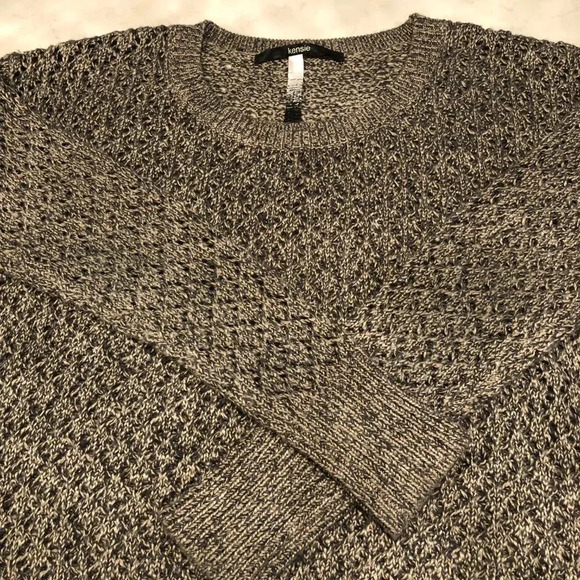 Kensie Lg Slv Scoop Neck Open Weave Acrylic Cotton Two Tone Sweater Gray Sz M - Picture 5 of 10